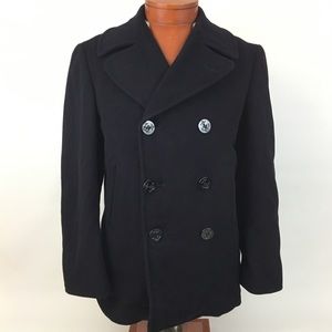 Vintage Navy Blue Pea Coat 100% Kersey Wool